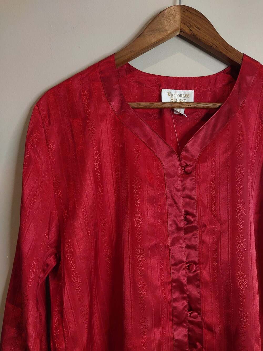 Vintage Victoria's Secret Gold Label Button Front Satin Red Brocade Sleep Shirt